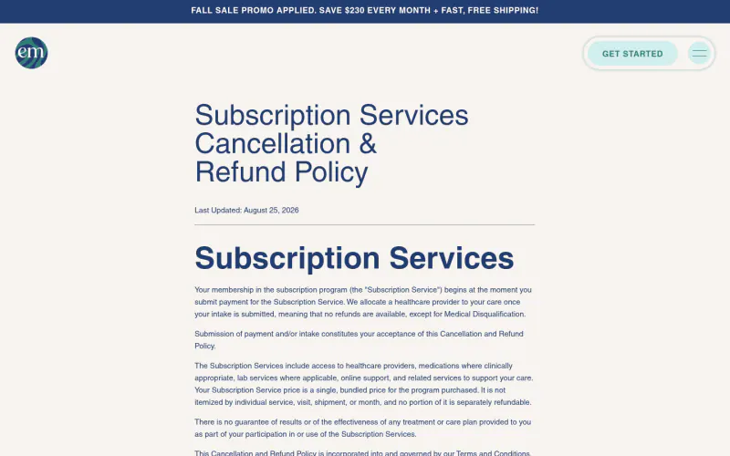 Embody refund policy page screenshot
