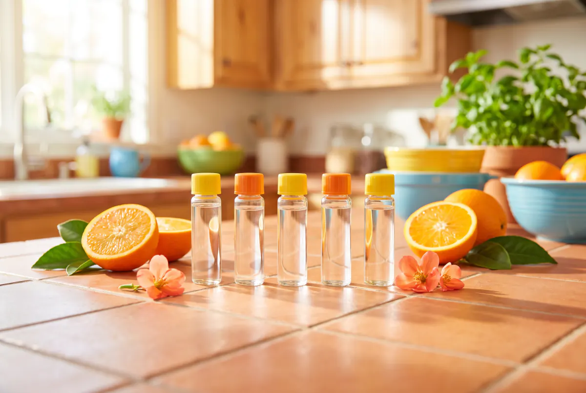 Small vials with orange and yellow caps beside citrus on terracotta tiles