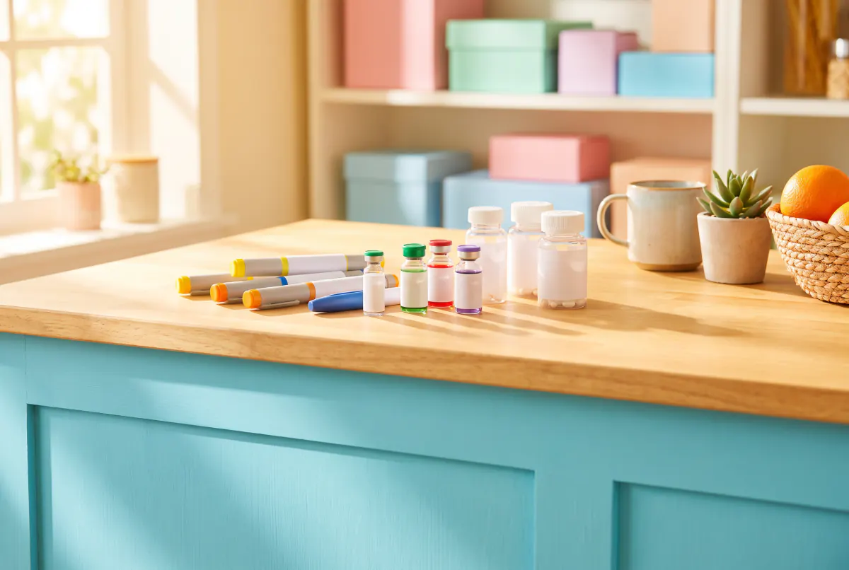 Plain pens, vials and pill bottles on a colourful pharmacy counter