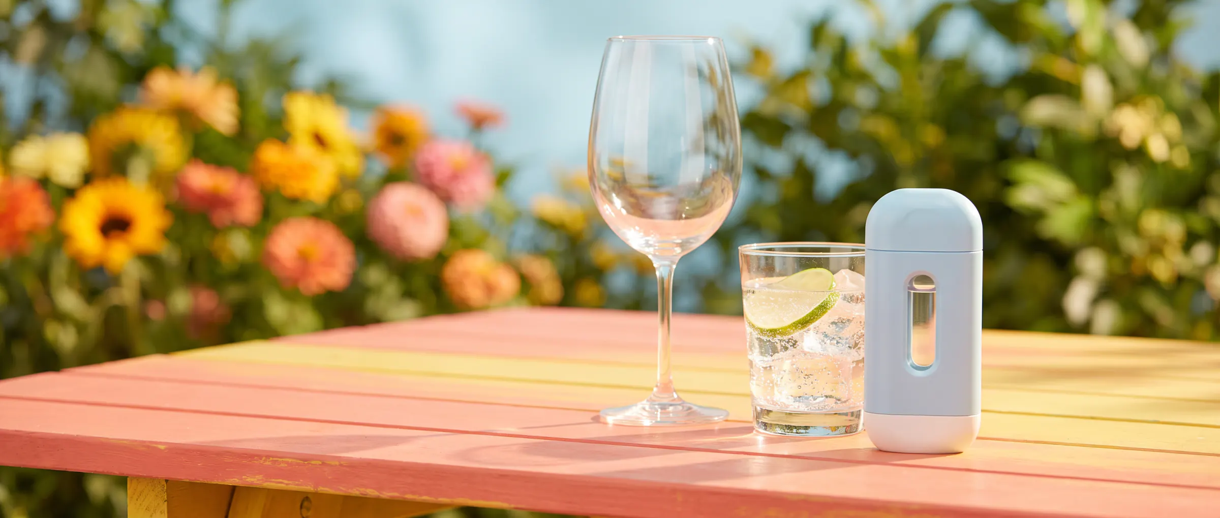 An empty wine glass, a glass of water and a plain injection pen on a sunny garden table