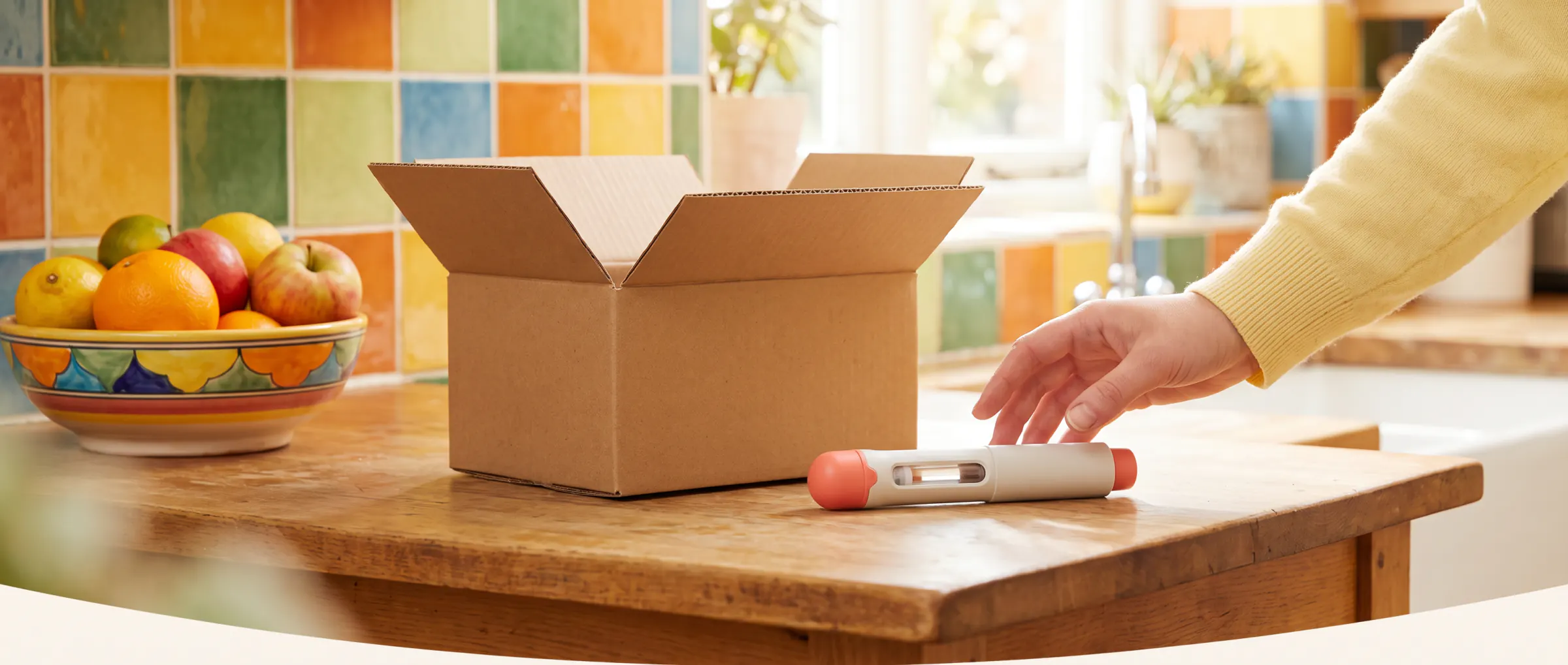 A plain shipping box and an injection pen on a sunny kitchen table