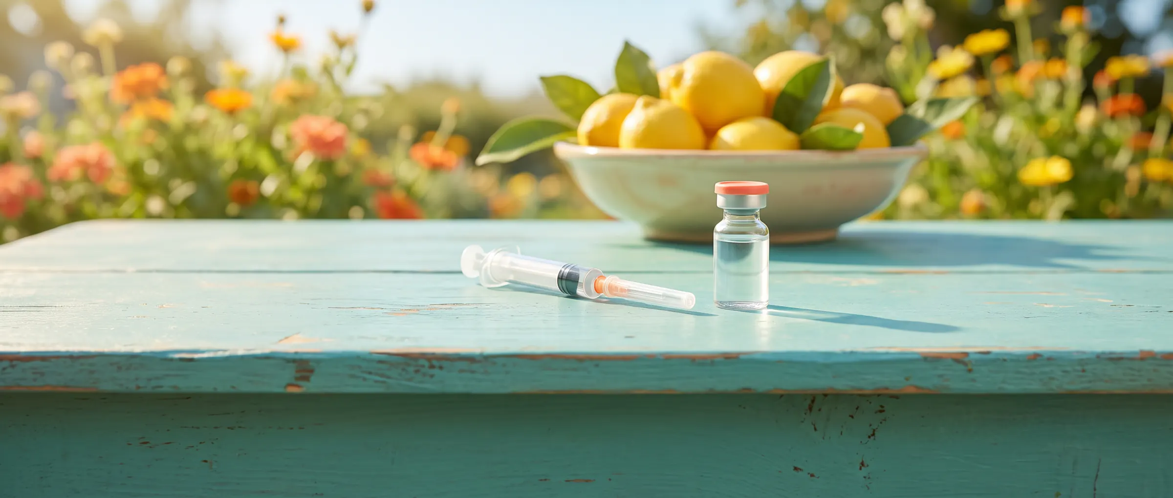 A capped syringe beside a small vial on a sunny turquoise table